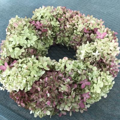 Wreath made with dried hydrangeas.